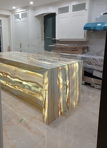 Translucent onyx on island with lighting