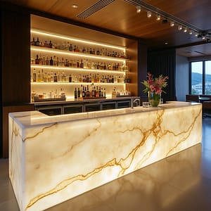 A reception desk made from white onyx with backlighting